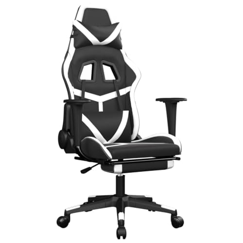 Mokuyary Silla de gaming con reposapiés en blanco y negro de piel sintética, silla de oficina, silla de escritorio para estudio, dormitorio, oficina -A