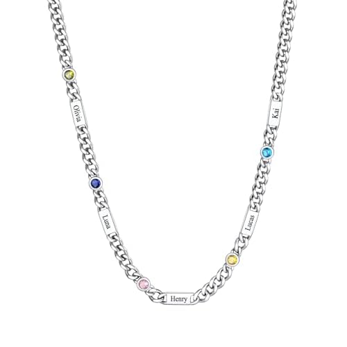Custom4U Personalized Cuban Link Birthstone Necklace for Women Men, Stainless Steel Cuban Chain 5mm Custom 1-6 Names, Jewelry Gifts for Birthday, Mothers Day, Christmas, Fathers Day 18 inche