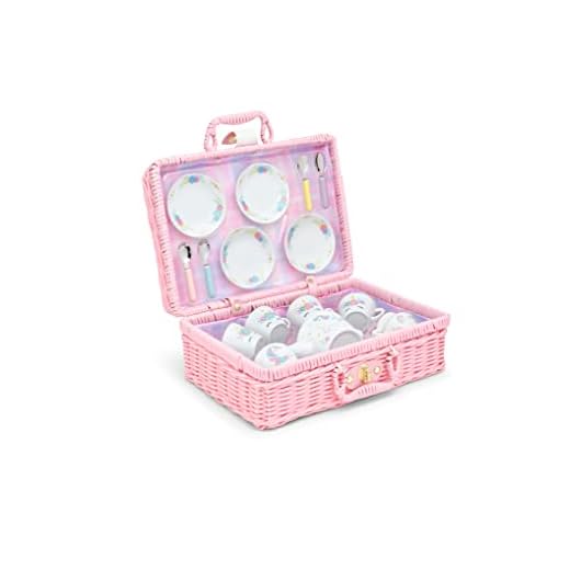 Porcelain Tea Set for Girls - Mini Ceramic Tea Cups with Pink Wicker Basket - Cute Tea Pot and Tiny Cups Set for Girls Tea Party - Ideal Gift for Kids Ages 3 Years Old - Unicorn Design, 13 Pieces