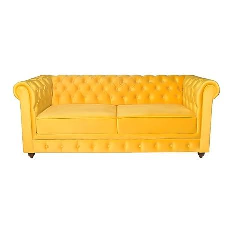Image of Solid Wood Velvet Fabric L Shape Sofa Sofa for Living Room Button Tufted Sofa Chair for Home & Office (Left Aligned L-Shaped (3 Seater Yellow)