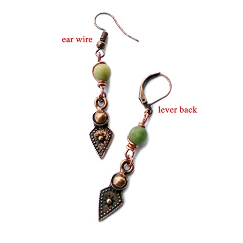 Tribal Men's Earrings Copper - Green Jade Gemstone Drop Earring Unisex - Pirate Style Earrings For Men #TOP4