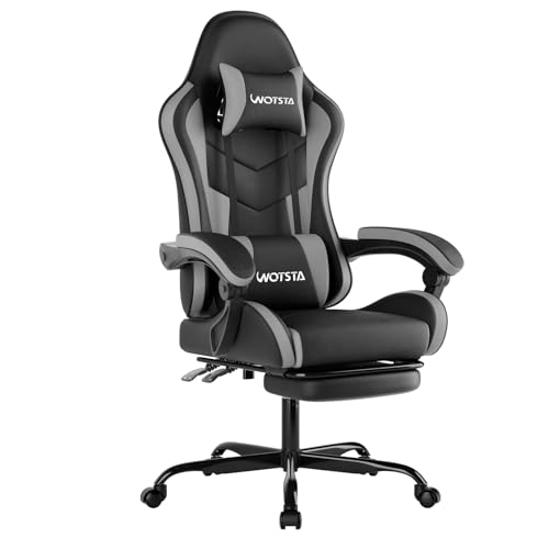 WOTSTA Silla Gaming, Silla Oficina Ergonómica con Reposapiés, Altura Regulable y Respaldo Abatible, Silla Gamer Adulto con Masaje, Silla PC con Reposacabezas, 120 kg