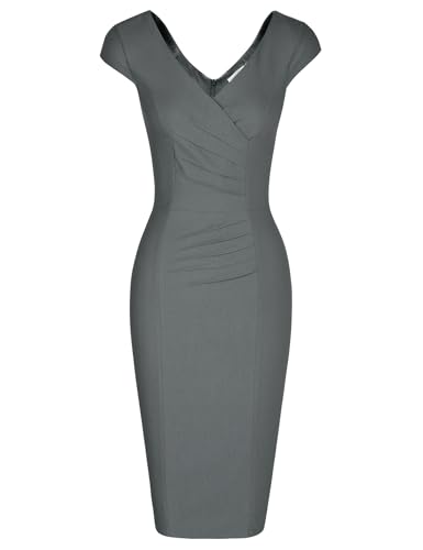 MUXXN Women's 1950's Vintage V Neck Ruched Sheath Formal Pencil Dress3