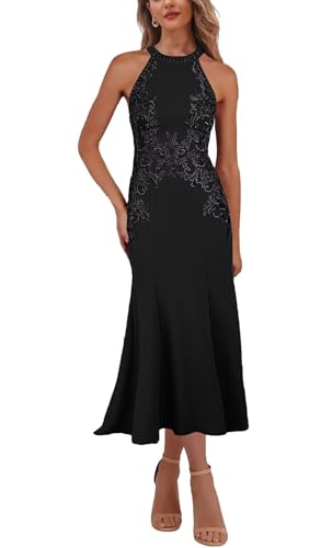 Tea Length Halter Mother of The Bride Dresses for Women Lace Mermaid Wedding Guest Dress Satin Appliques Formal Gown