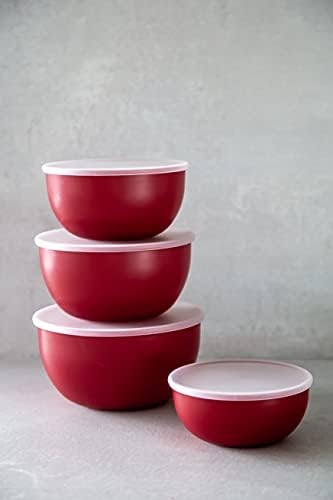 KitchenAid Plastic Prep Bowls for Kitchen Storage & Organisation, Set of 4, With Lids, Red