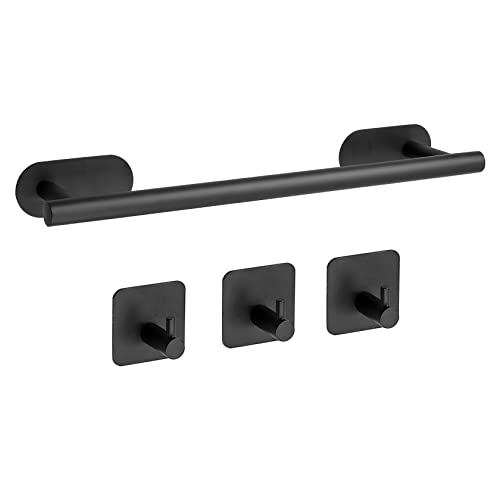 16-Inch Towel Bar, Jigiu Self Adhesive Towel Holder With 3 Packs Towel Hooks, Bath Towel Bar Rack Sus304 Stainless Steel Wall Mount Bathroom Hardware Accessory Kit No Drilling For Kitchen -Black #TOP8