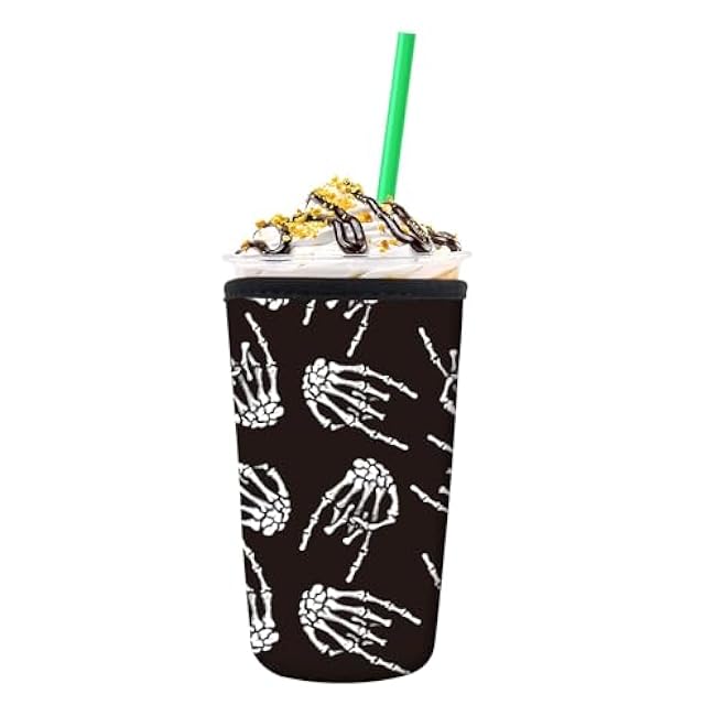 Reusable Neoprene Insulator Sleeve for Iced Coffee Cold Soda Cups, Cute Durable Drink Sleeve for Cold Beverages, Medium 22-28oz Cup Sleeve Cool Skull Finger