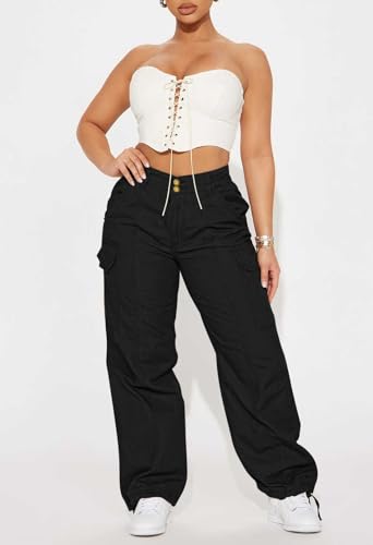 Pink Queen Women High Waisted Cargo Pants Relaxed Fit Wide Leg Jeans Combat Military Trousers with Pockets2