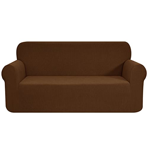 CHUN YI Stretch Loveseat Sofa Slipcover 1 Piece Couch Cover, 2 Seater Settee Coat Soft with Elastic Bottom, Checks Spandex Jacquard Fabric,Medium,Coffee