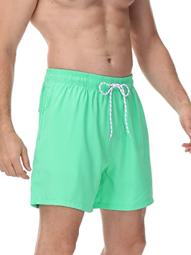 Seisocho Mens Swim Trunks With Compression Liner Swim Shorts Bathing Suits Swimwear Zipper Pockets,Lake Green,Large #TOP1