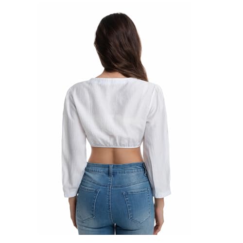 Ahagogo Chemisier Dirndl à manches longues pour femme, blanc, chemisier Dirndl, chemisier à manches longues, col en V, boutonnière, chemisier traditionnel pour fête de la bière, carnaval, Blanc., S – vue 3