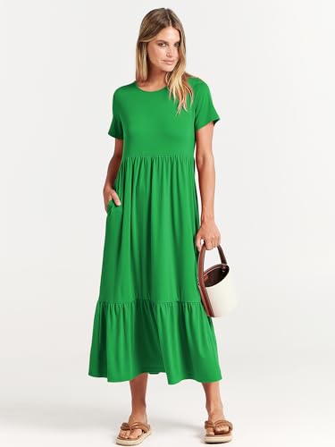 Image of ANRABESS Womens 2026 Summer Casual Maxi Dress A line Tiered Flowy Short Sleeve Crewneck T Shirt Beach Travel Long Dresses
