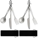 Hushee 6 Pieces Titanium Flatware Knife Fork Spoon Set Ultralight Backpacking Utensils Travel Cutlery Set with Carrying Bag Carabiner Clips for Travel Picnic Hiking Outdoor Activities