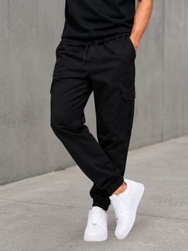 Image of Men's Cotton Cargo Pants | Cargo Trousers with Flap Buttoned Pocket | Elastic Waist Drawstring Casual Cargo Pants | Regular Fit Outdoor Travel Streetwear Bottom Wear
