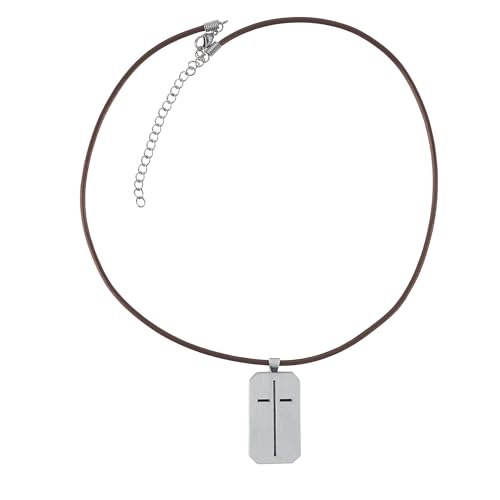 Image of Christian Art Gifts Engraved Cross Necklace Pendant for Men: 1 Timothy 6:11 Scripture, Durable Brown Leather Cord, Inspiring Silver Metal Jewelry Gift, Adjustable Length with Sturdy Clasp, One Size