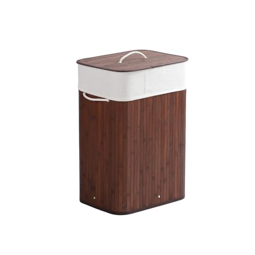 Sherwood Home Tall Rectangular Folding Bamboo Laundry Basket Hamper with Lid Washing Basket Clothes Storage Dustproof Laundry Bag Rope Handles Organised Bedroom- Brown (40x30x60cm)