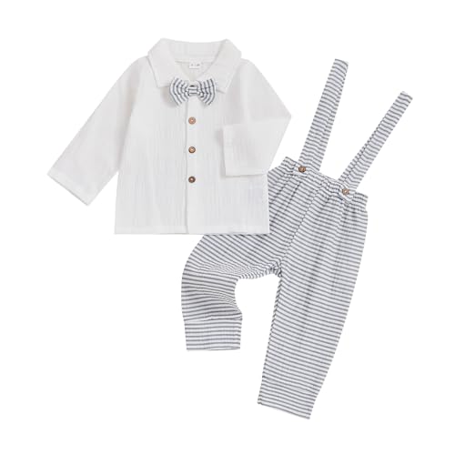 Image of VISGOGO Toddler Boy Linen Outfit Baby Boy Fall Winter Clothes Set Button-Down Shirt Tops Cotton Linen Pants 2PCS (Grey-Striped, 0-6 Months)