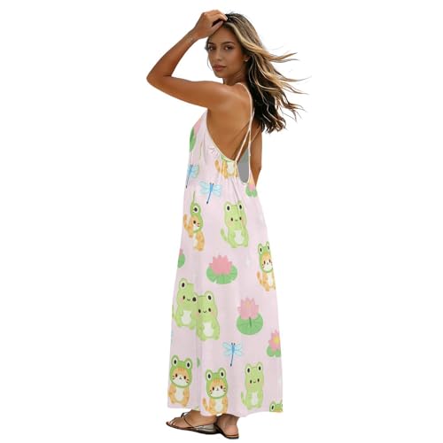 Robe d'été pour vacances imprimé chat grenouille dos bas