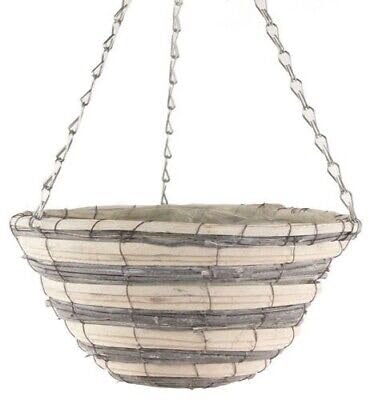 Fyne-Finds 30cm, 12Inch Natural Round Grey Cream Deco Wicker Hanging Rattan Basket Lined Willow Planter