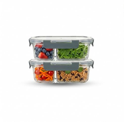 Image of Glass Lunch Box with 2 Compartments | Leakproof Borosilicate Glass Lunch Container with Airtight Lid | BPA Free Tiffin Box for Office, School & Travel (2x570ml)