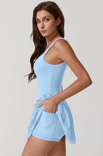 Image of QINSEN Womens Square Neck Tennis Dress Pleated Sleeveless Built in Shorts Golf Athletic Dress with Pockets