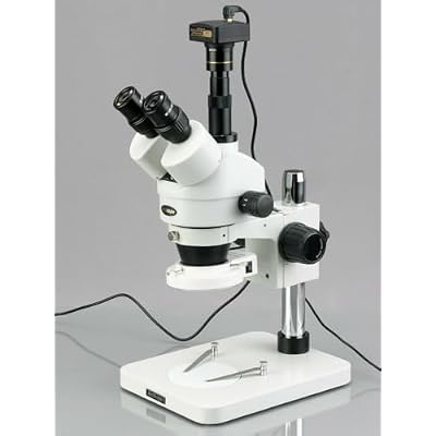 AmScope SM-1TS-144S-M Digital Professional Trinocular Stereo Zoom Microscope, WH10x Eyepieces, 7X-45X Magnification, 0.7X-4.5X Zoom Objective, 144-Bulb LED Ring Light, Pillar Stand, 110V-240V, Includes 1.3MP Camera with Reduction Lens and Software