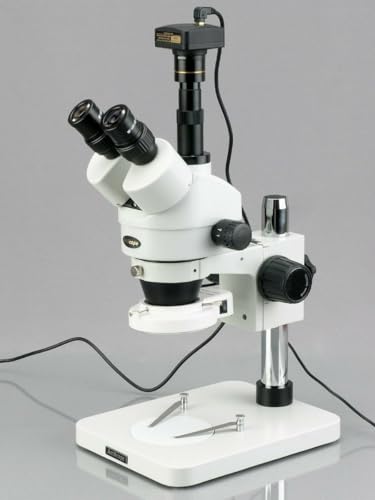Image of AmScope SM-1TS-144S-M Digital Professional Trinocular Stereo Zoom Microscope, WH10x Eyepieces, 7X-45X Magnification, 0.7X-4.5X Zoom Objective, 144-Bulb LED Ring Light, Pillar Stand, 110V-240V, Includes 1.3MP Camera with Reduction Lens and Software