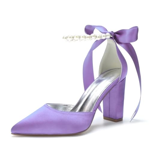 Image of Pearl Wedding Shoes for Bride Chunky Heel Poined Toe Wedding Block Heels Prom Evening Pumps