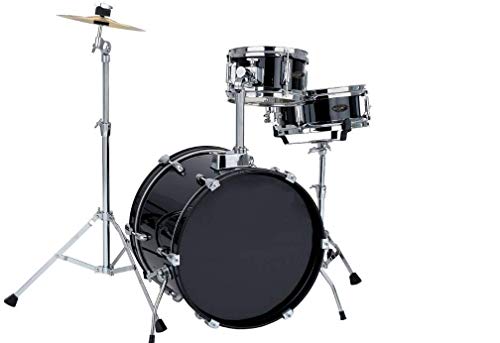 GEWA pure drumset Junior zwarte folie, 16 x 11 inch BD, 10 x 06 inch TT, 10 x 4 inch SD (hout), 10 inch bekken, standaard, pedaal, trommelstokken