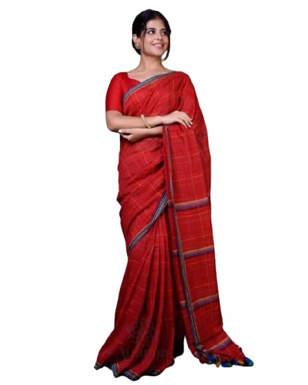 CHERRY RED KATHA STITCH SAREE WITH SLEEK BORDER-image-3