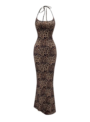 SOFIA'S CHOICE Cheetah Print Dress Leopard Halter Neck Long Tight Bodycon Spaghetti Strap Maxi Dress