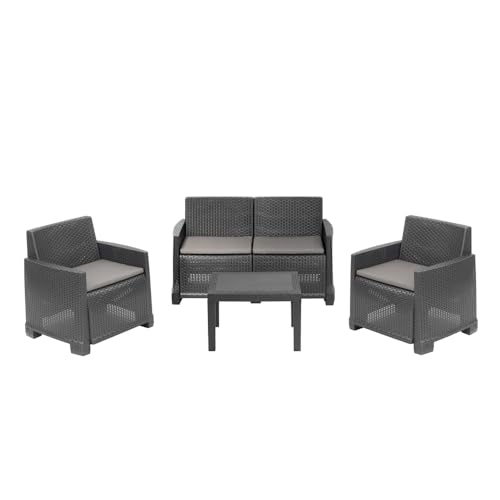 Dmora - Ensemble de Salon d'extérieur Vieste, Composition de Jardin avec 2 fauteuils, 1 canapé et 1 Table Basse, Effet rotin avec Coussins, 100% Made in Italy,...