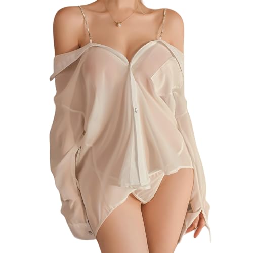ROSVAJFY Women Babydoll Lingerie Sexy Sheer Shirt Long Sleeve Loose Top Nightdress Chemise Pajamas See Through Sleepwear (White)