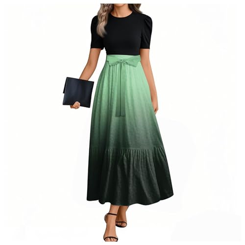 Maxi Dresses for Women 2025 Tiered Tie Waist Short Sleeve Dress Vintage Patchwork Plain Boho Dress Trendy Elegant Modest Loose Fit Beach a Line Flowy Sundresses Casual Holiday Summer Sundress