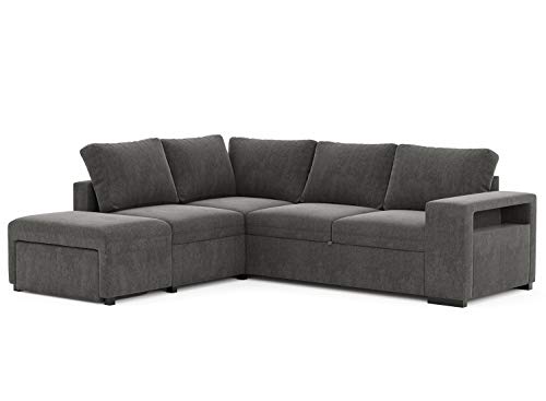 Confort24 Zurie Sofá Cama 4 Plazas Esquinero Derecha o Izquierda con Puff 2 Arcóns y Estante Tela Gris Grande Salon Decoración de Hogar