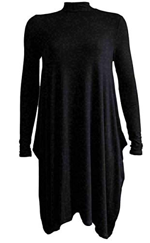 Womens Polo Turtle Neck Hanky Hem Dress Ladies Plain Flared Swing Solid Color Midi Dress Long Jumper High Neck Shirt UK 8-26 (Black UK 24-26)