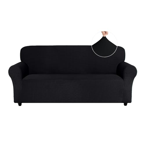 Easy-Going Stretch Sofa Überzug 3 Sitzer, Rutschfester Sofabezug für Hund Katze, Stilvoller Jacquard Couch Überzug Bezug, Weicher Küchensofa Couch Cover, 1 Stück Sofaschoner mit Armlehnen, Schwarz