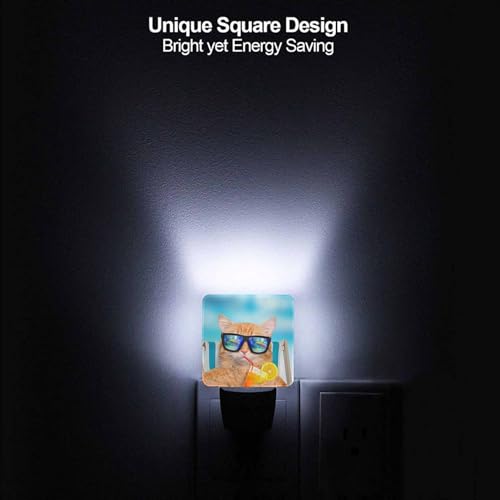 Image of LED Night Light,Funny Cat Sunglasses Relaxing Vacation On Blue Sea LED Night Light Plug into Wall with Dusk to Dawn Light Sensor White Energy Efficient Nightlight for Bedroom Living Room Kitchen