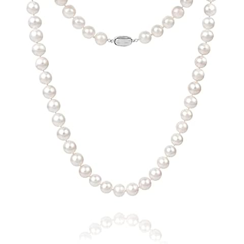 BURLAP LIFE White Freshwater Cultured AAAA Quality Genuine Real Pearl Strand Necklace 22 Inch Length for Women Fine Jewelry Gifts for Her 7.5mm-8.5mm Cover