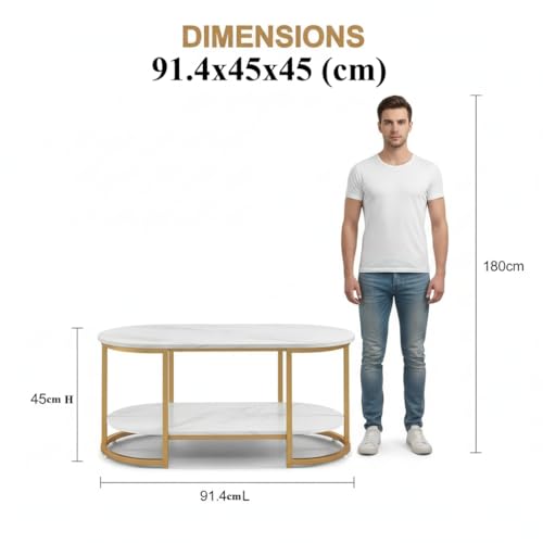 Image of RIZIK Stores Coffee Table - Modern 2-Tier Center Table with Engineered Wooden Top & Metal Frame, Living Room Sofa Table, Elegant Cocktail Table for Home, Office, Dining (White)