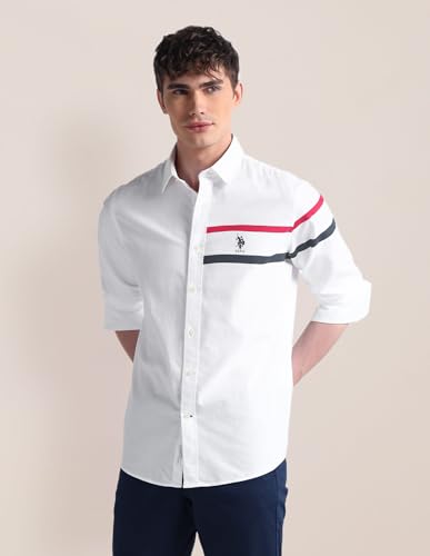 Image of U.S. POLO ASSN. Mens White Solid Collared Neck Long Sleeve Men's Casual Shirts