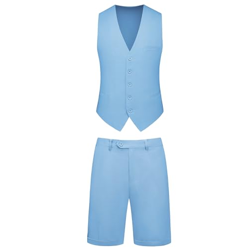 Mens 2-Piece Linen Summer Suit - Beach Wedding Guest Outfit with Vest and Shorts Set