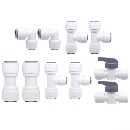 Feeshoppher Ensemble de raccords de tuyau d'entrée d'eau de 0,9 cm avec valves d'arrêt en T à angle droit, matériau ABS pour systèmes d'osmose inverse aquariums, filtres à eau, machines à glace, café