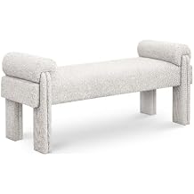 MAKLAINE Modern Soft Beige Polyester Fabric Bench, 55" W x 19.5" D x 23.5" H, Rounded Pillow Arms, Art Deco Design, Living Room or Bedroom Seating for Entryway or Foyer Use
