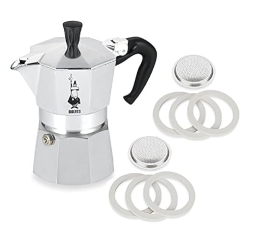 Bialetti Moka Express #06799 - Macchina per caffè espresso da 3 tazze 06960, sei guarnizioni di ricambio e due piastre filtranti di ricambio