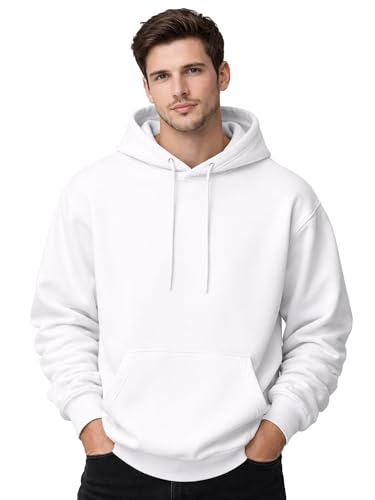 Image of Mens Drop Shoulder White Hoodie | Oversized Look Cotton Blend Fleece | Pullover Sweatshirt with Hood & Kangaroo Pocket | Winter Casual Wear