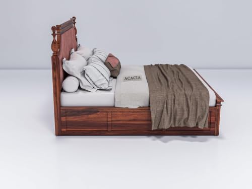 Image of Craft Wooden King Size Bed with Storage | Double Bed Cot Bed with Box Storage & Pink Colour Upholstered Cushioned Headboard for Bedroom, Solid Wood Sheesham, Honey Finish