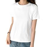 [EAXGO] 【6.35オンス x 綿100】 Tシャツ レディース 半袖 【フィット感の再定義・「独自ライン効果」で着痩せ】ティーシャツ シャツ トップス 重ね着 ゆったり 着回しカ 無地 透け防止 体型カバー おしゃれ (JP, アルファベット, M, 標準, ホワイト)