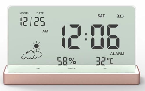 YWHT シンプルクロック天気湿度静音デジタル子供目覚まし時計、透明多機能デスクトップ電子時計、透明大画面温度/湿度/日付表示アイデアクリアデジタル時計付き (ローズゴールド)