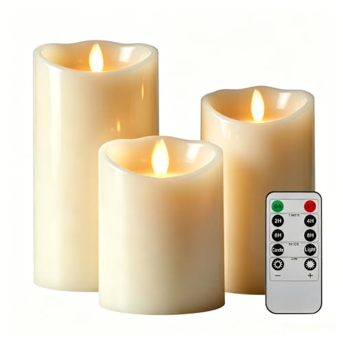 Da by Flameless Candle 4" 5" 6" Set of 3 Realistic Dancing LED Flickering Wick for Parties,Home,Public Elegant Events, Battery Powered, 10-Key Remote Control, Ivory Color